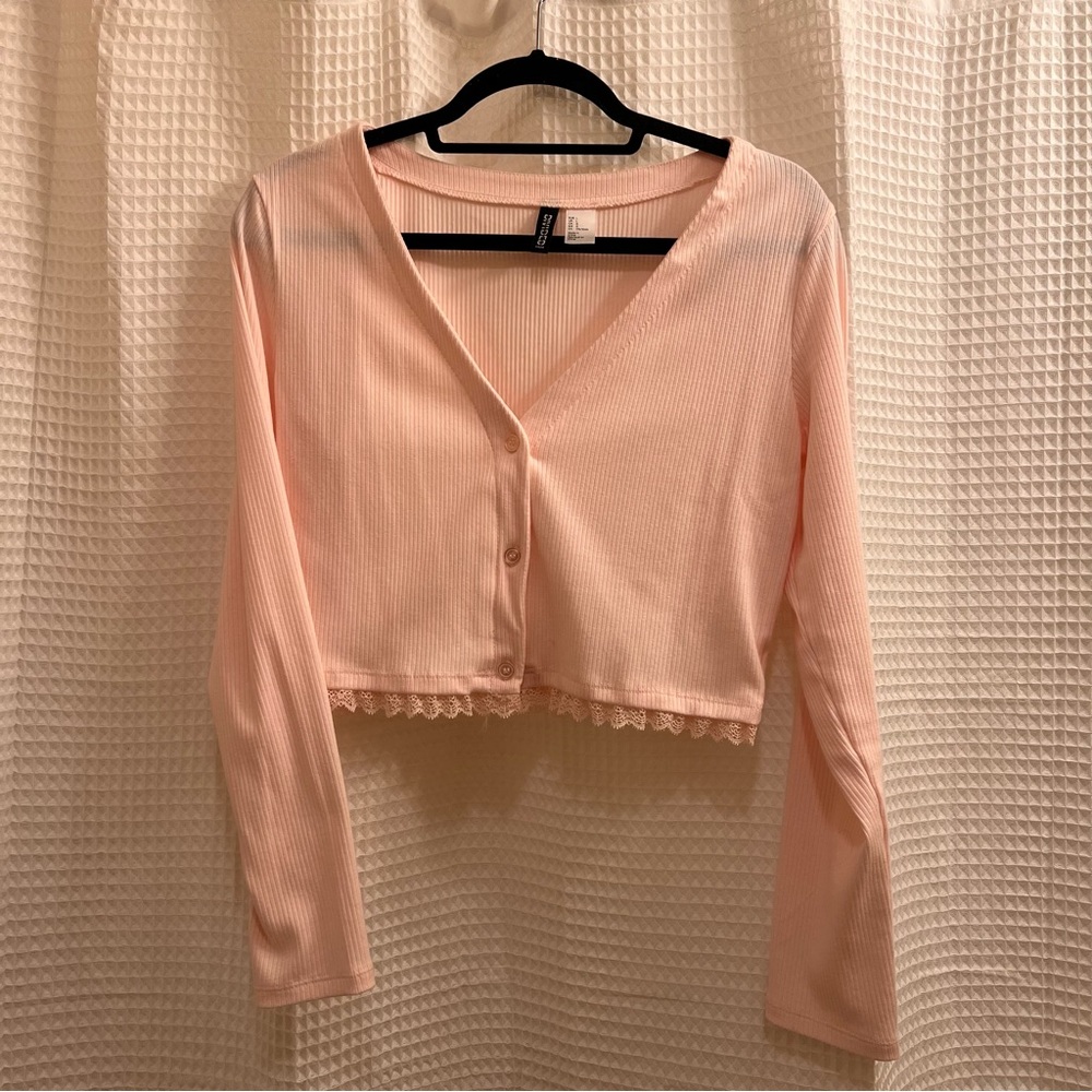 H&M Pink Ribbed Lacy Long Sleeve Cropped Top | Size Larg
